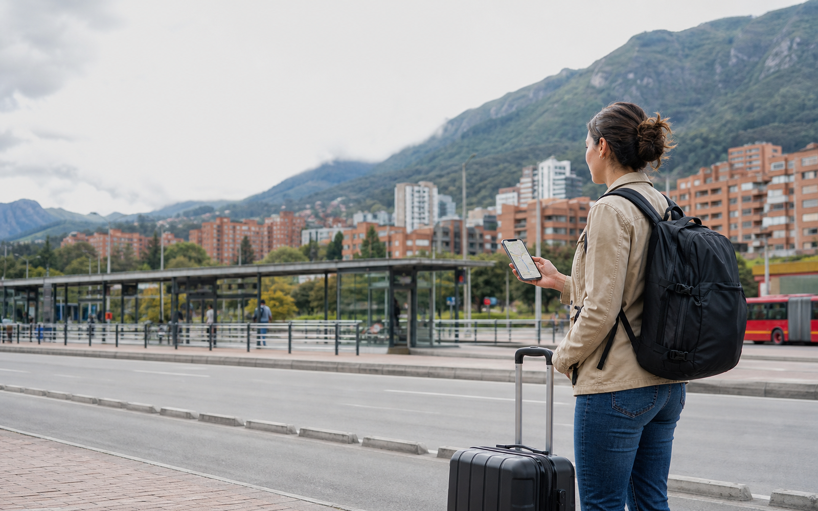 Custom editorial artwork for a traveler planning the bogota airport to city route, without text or logos.